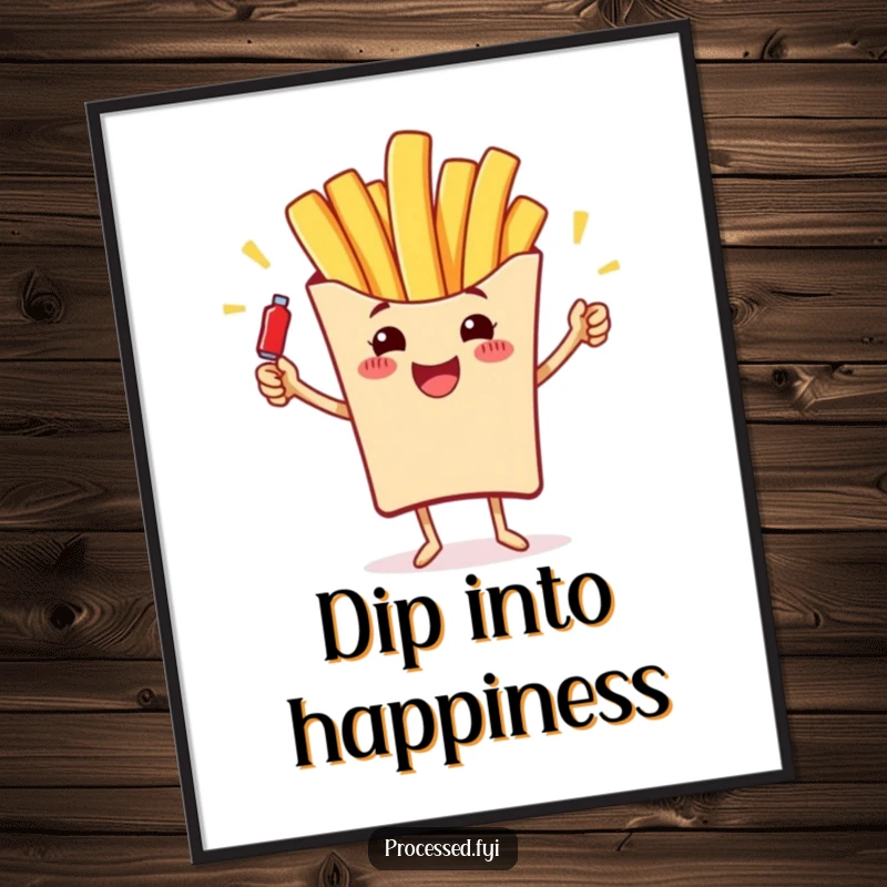 Funny poster art of a cheerful french fry juggling small ketchup bottles, perfect humorous wall decor for food lovers.