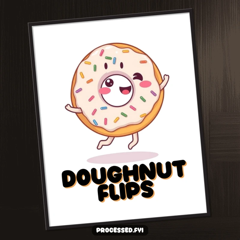Funny donut poster, giddy donut with sprinkles doing a cartwheel, whimsical wall art for a humorous touch.