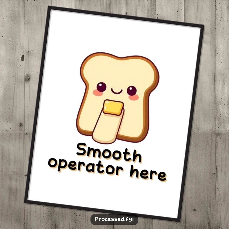 Funny poster featuring a cheerful bread slice with butter, captured mid-slide down a miniature, smooth butter slide.