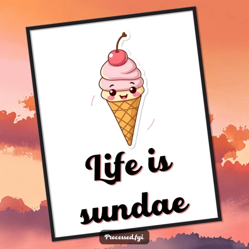 Funny poster of a cheerful ice cream cone with a cherry spinning around, radiating summery vibes and frozen happiness.