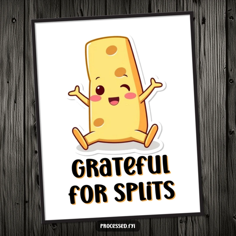 Funny cheese wedge character, performing a split with a surprised grin. A delightful and humorous wall art piece.