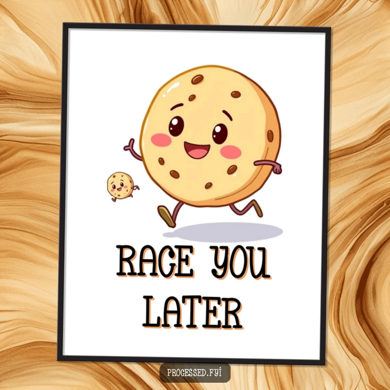 Funny Cookie Race Poster: A smiling cookie with tiny legs running a race, a piece of humorous athletic art.