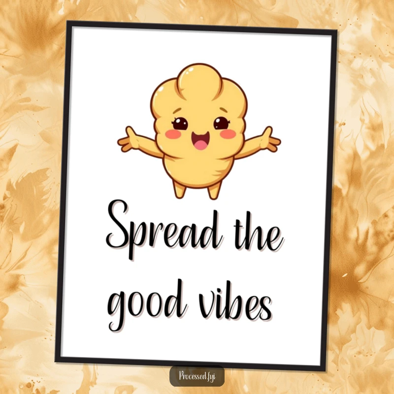 Funny croissant poster of a beaming, anthropomorphic croissant with arms outstretched, radiating joy and deliciousness, perfect for a cheerful wall accent.