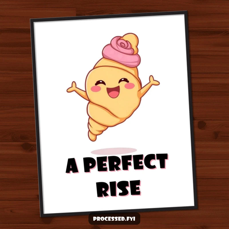 Funny croissant poster art of a pastry with swirls in a jubilant leap, celebrating boundless joy and baked perfection.