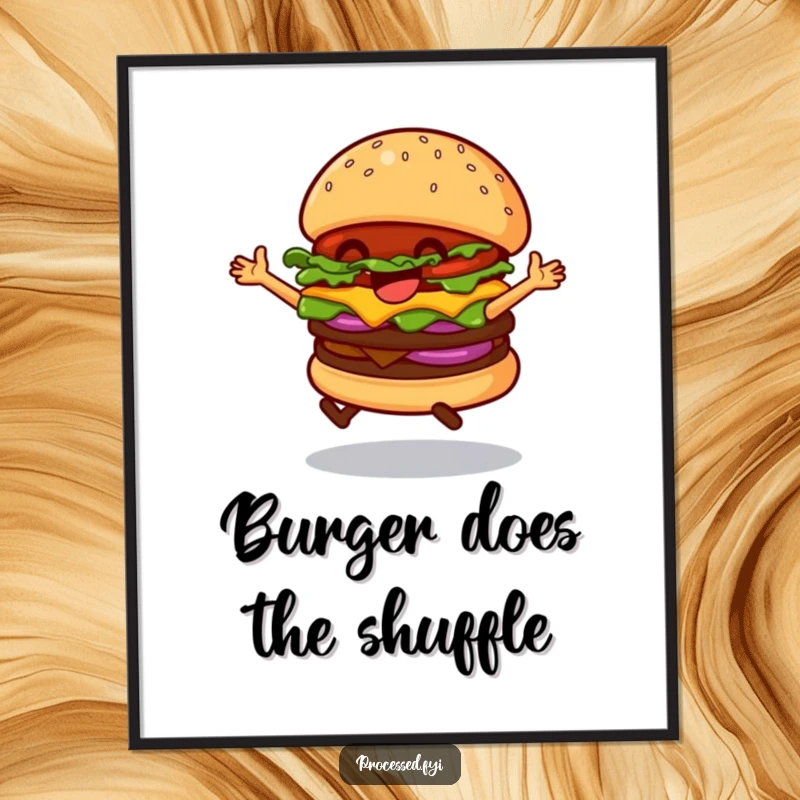 Funny Dancing Hamburger Poster, a cheerful burger mid-dance on its bun, adding vibrant and humorous energy to walls.