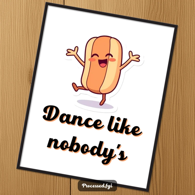 Funny poster art of a dancing hot dog character with legs and arms wiggling joyfully, perfect for adding humorous decor.