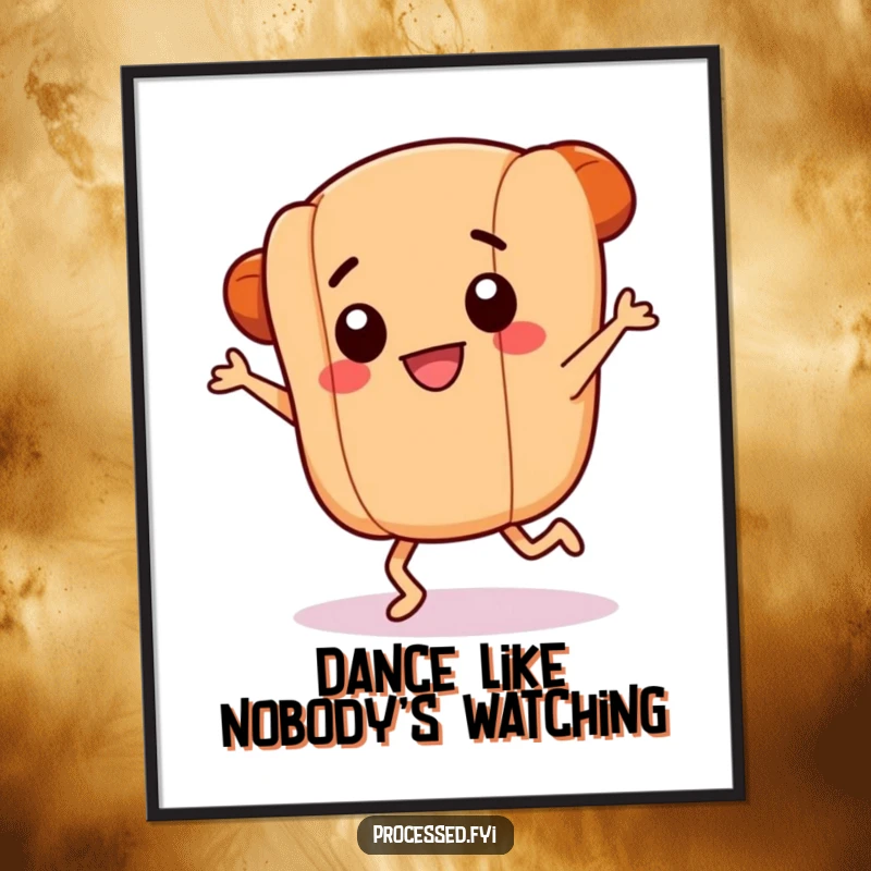 Funny poster print of a smiling hotdog link with tiny legs in a frantic dance, bringing vibrant energy and culinary humor to any room's decor.