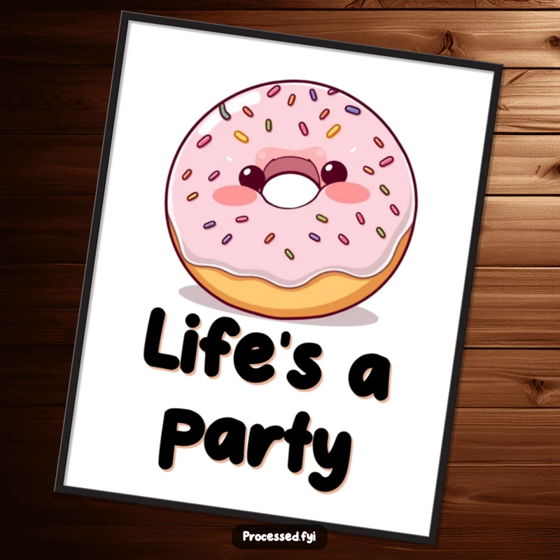 Funny plump donut with blush and sprinkles bouncing enthusiastically, a humorous and vibrant poster for wall decor.