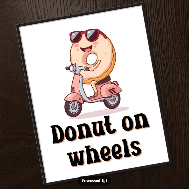 Funny Donut Riding Scooter Poster, a smiling donut wearing sunglasses, adding a cool and humorous touch to decor.