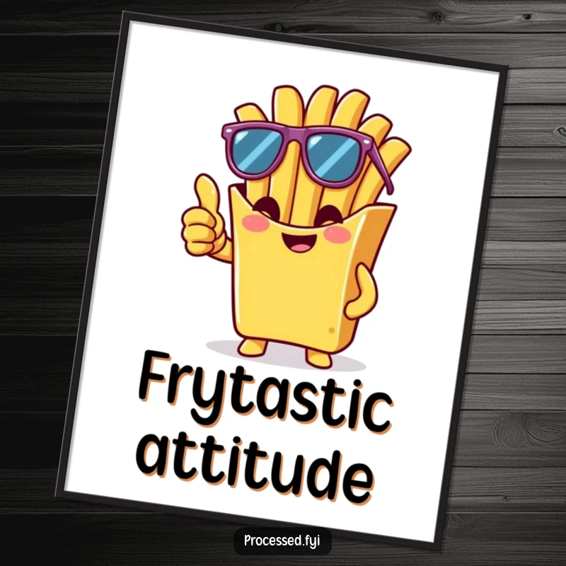 Funny poster of a cheeky french fry wearing sunglasses and giving a thumbs-up, perfect for adding cool and humorous wall art.
