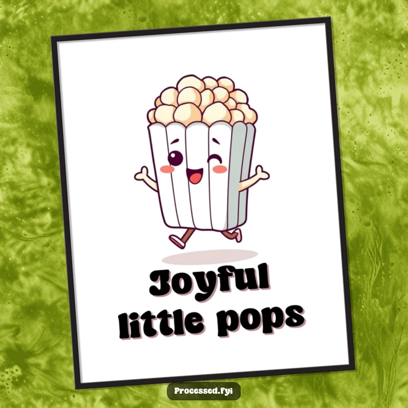 Funny poster of a beaming anthropomorphic bag of popcorn doing a happy hop. Perfect wall decor for a cheerful vibe.
