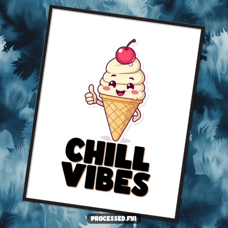Funny poster print of a happy ice cream cone with a cherry on top, giving a thumbs-up, creating a cheerful and delicious visual.