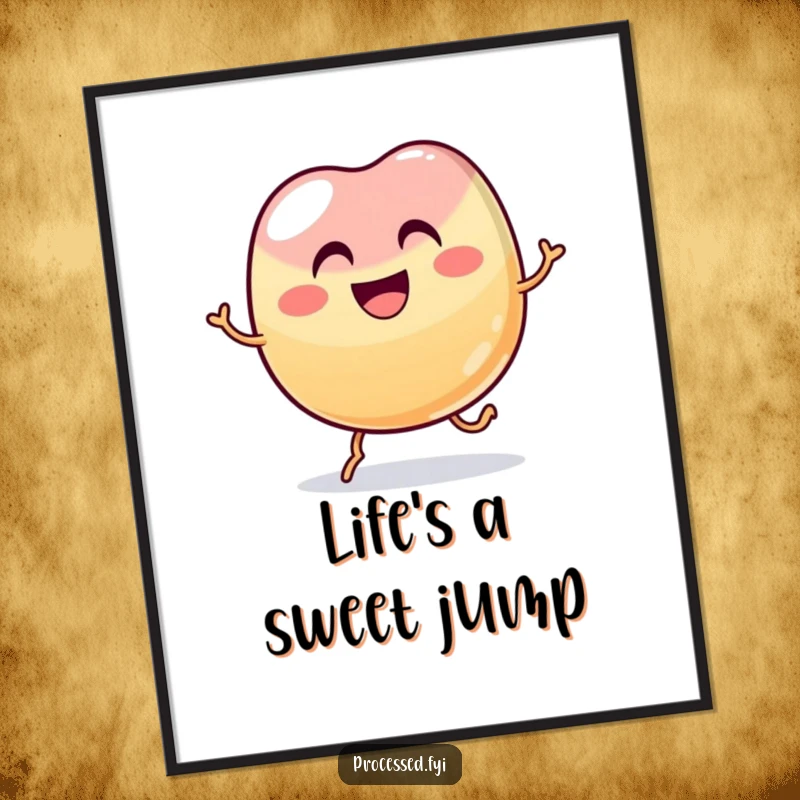 Funny wobbly jelly bean with a wide grin hopping joyfully, a humorous and vibrant poster for wall decor.