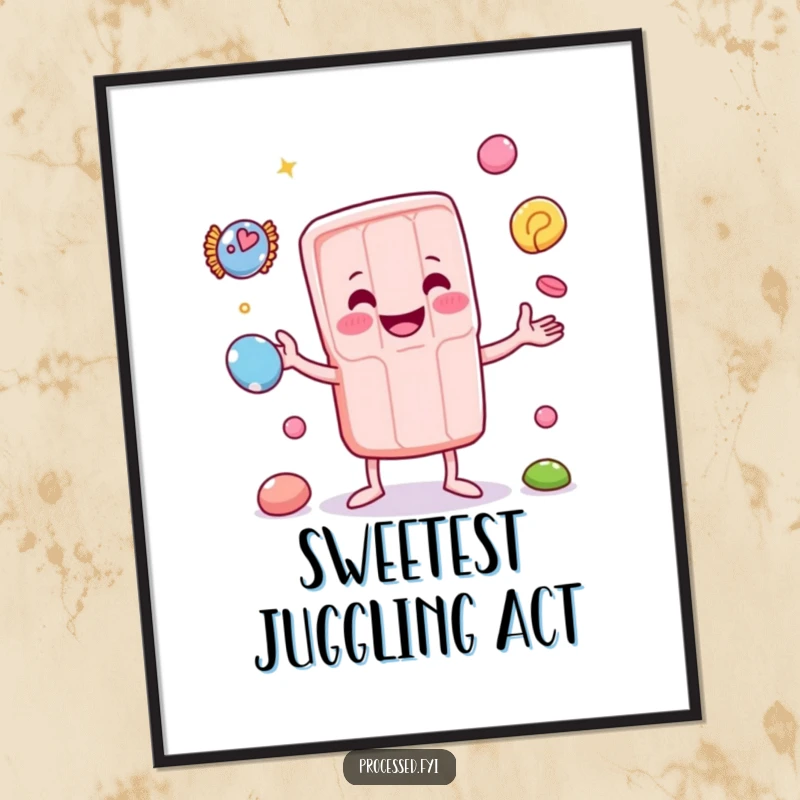 Funny poster showcasing an anthropomorphic candy bar in the act of juggling miniature sweets with a joyful expression.
