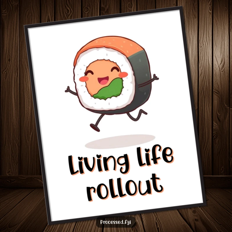 Funny leaping sushi roll poster capturing a smiling, anthropomorphic sushi roll with stick legs mid-leap, adding dynamic cartoon energy to walls.