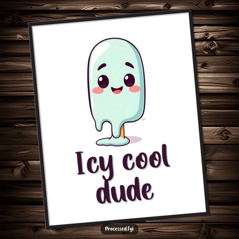 Funny poster of a melting popsicle character with a happy, surprised expression, capturing the humorous essence of summer.