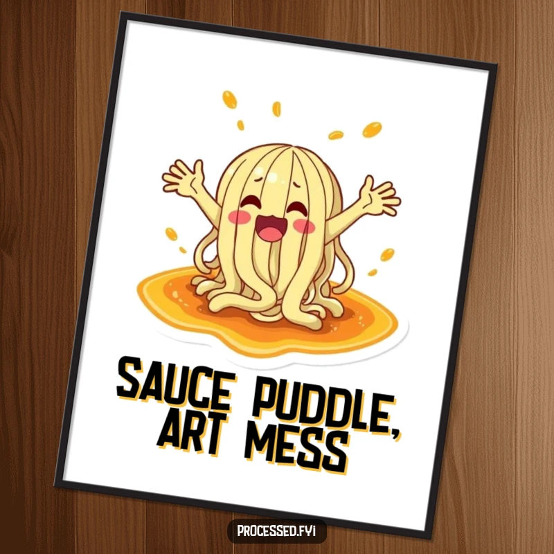 Funny poster art of a chaotic noodle character with arms flailing, making a big splash in a sauce puddle, vibrant colors.