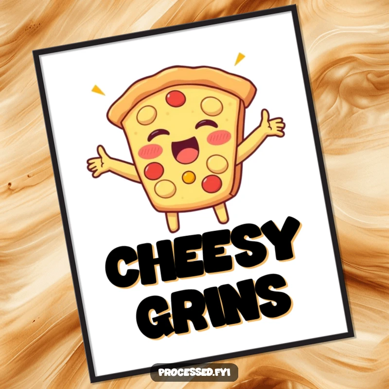 Funny poster featuring a beaming slice of pizza with arms outstretched, giggling with pure delight, adding a splash of food-themed humor.