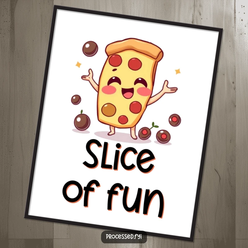 Funny pizza slice character, skillfully juggling olives with a smile. A vibrant and humorous wall art.