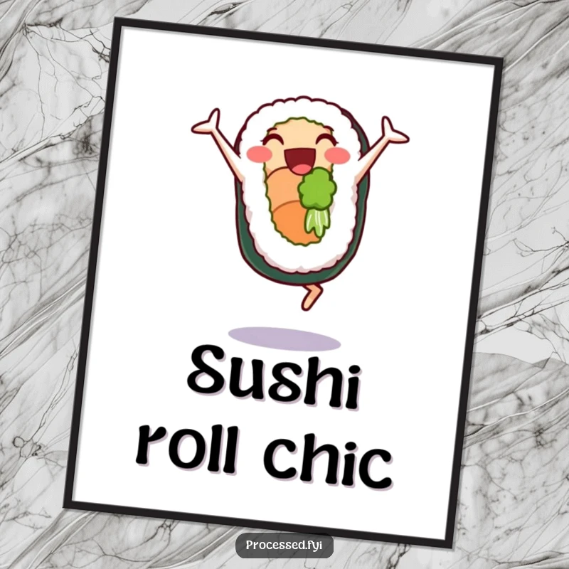 Funny poster of a delighted sushi roll character performing cartwheels with great glee, adding vibrant humor to wall decor.