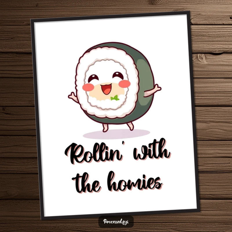 Funny poster featuring a cheerful sushi roll with tiny feet, bouncing with pure glee, adding a splash of fun and color to any wall.