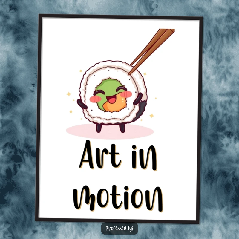 Funny Sushi Roll Poster featuring a dynamic spinning character, adding a touch of playful art and sushi humor to any room.