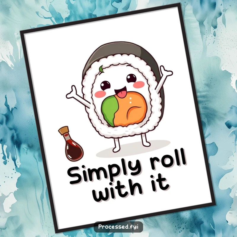 Funny poster featuring a cheerful sushi roll waving happily with arms, a small soy sauce bottle nearby, charming wall decor