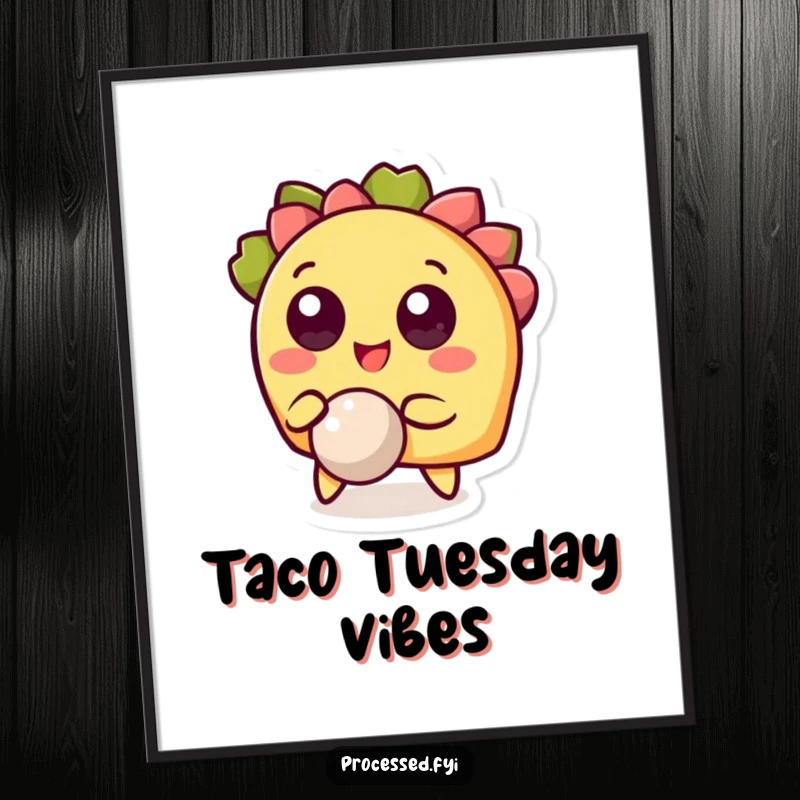 Funny poster of a wide-eyed taco character gleefully bouncing a small ball, adding a touch of playful humor to wall decor.