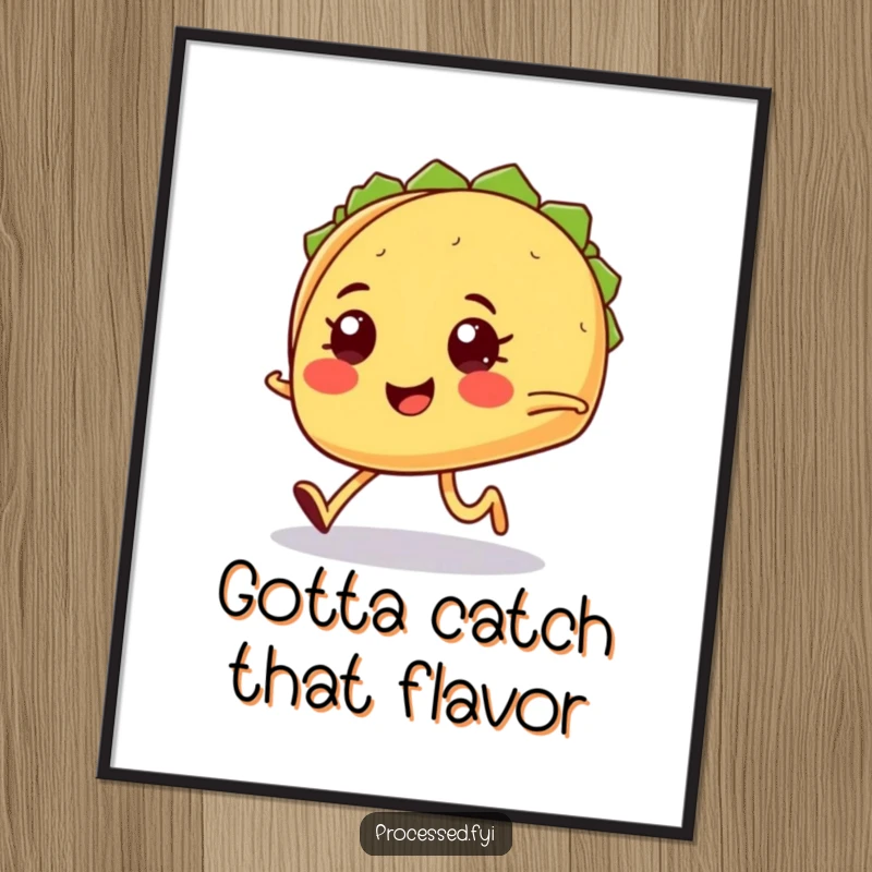 Funny smiling taco with tiny legs jogging determinedly, a humorous and motivational poster for wall decor.