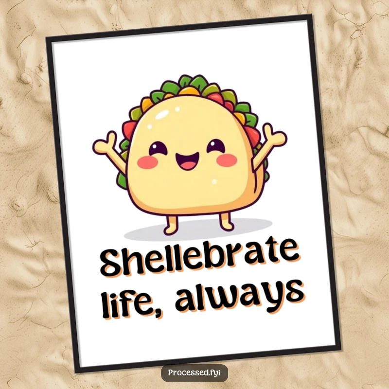 Funny Poster of a joyful taco shell waving energetically, a piece of cheerful food-themed wall art full of personality.