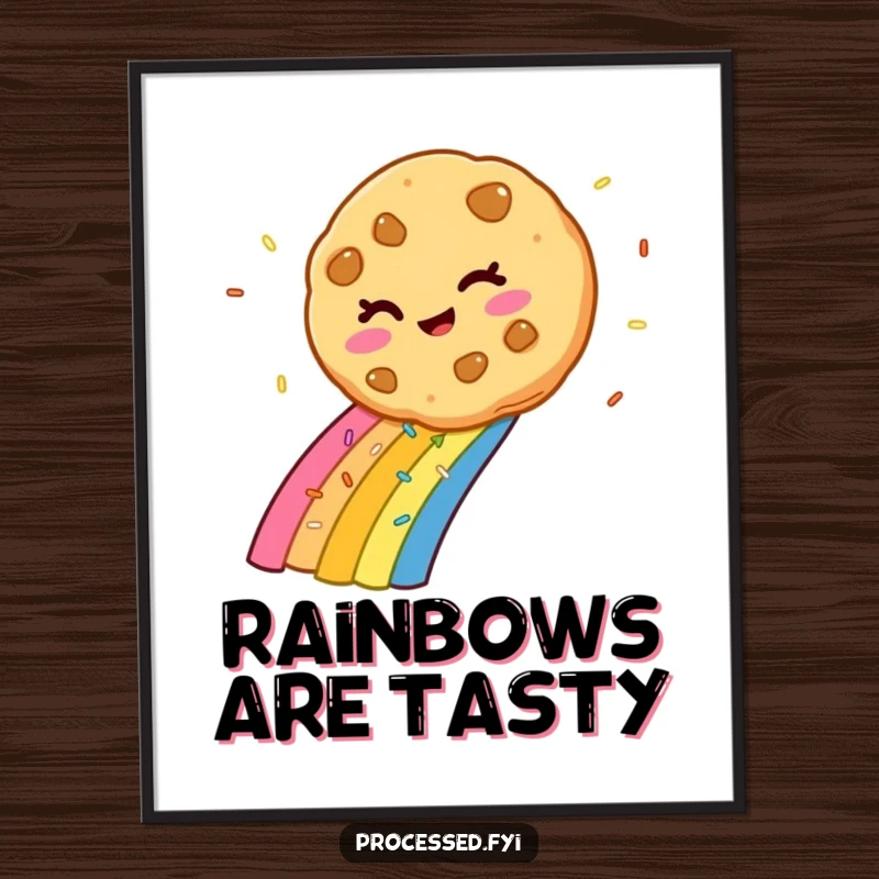 Funny winking cookie gracefully sliding down a spectacular rainbow constructed from countless colorful sprinkles on a vibrant poster.