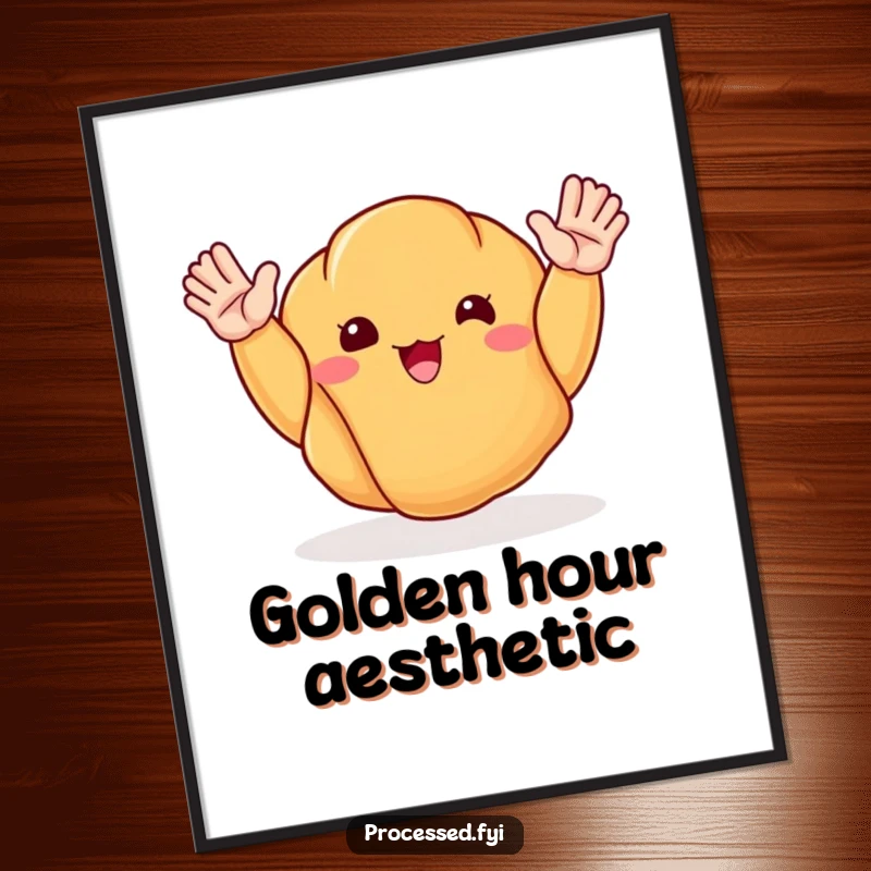 Funny poster of a happy croissant with arms waving enthusiastically, radiating friendly vibes and breakfast cheer.