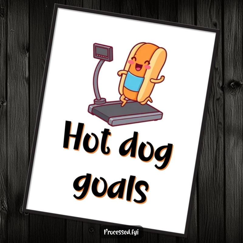 Funny poster of a smiling hot dog character with legs jogging on a treadmill, motivational and humorous wall art for any space.
