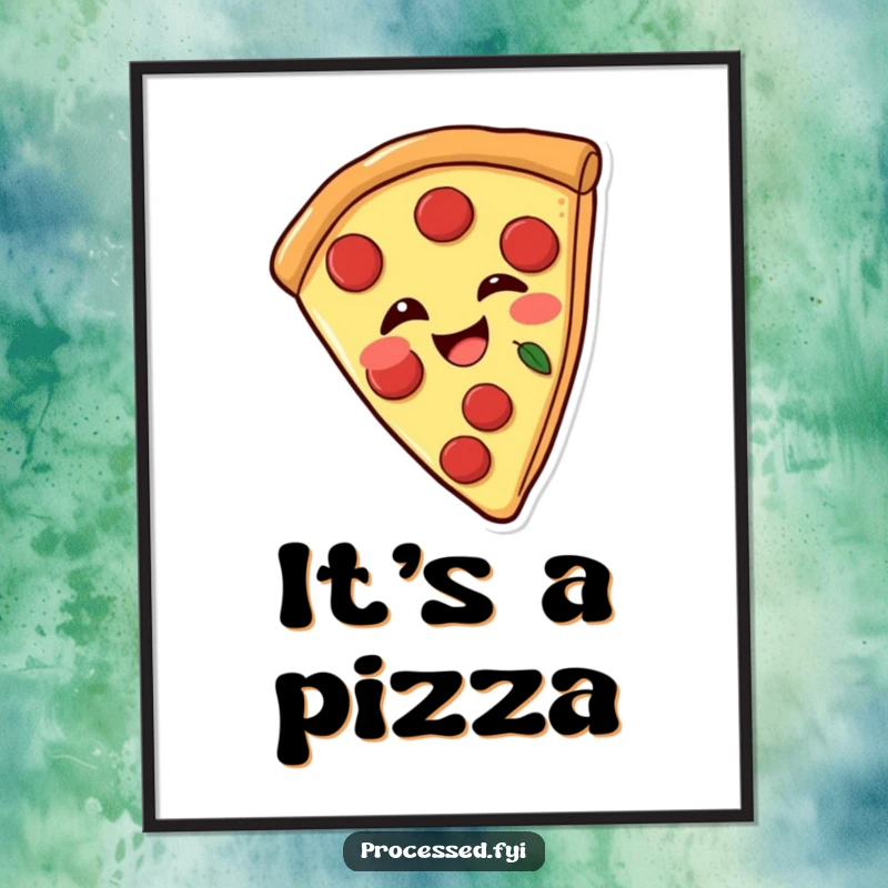 Funny poster art of a joyful pizza slice with pepperoni toppings, winking playfully, vibrant and fun wall decor