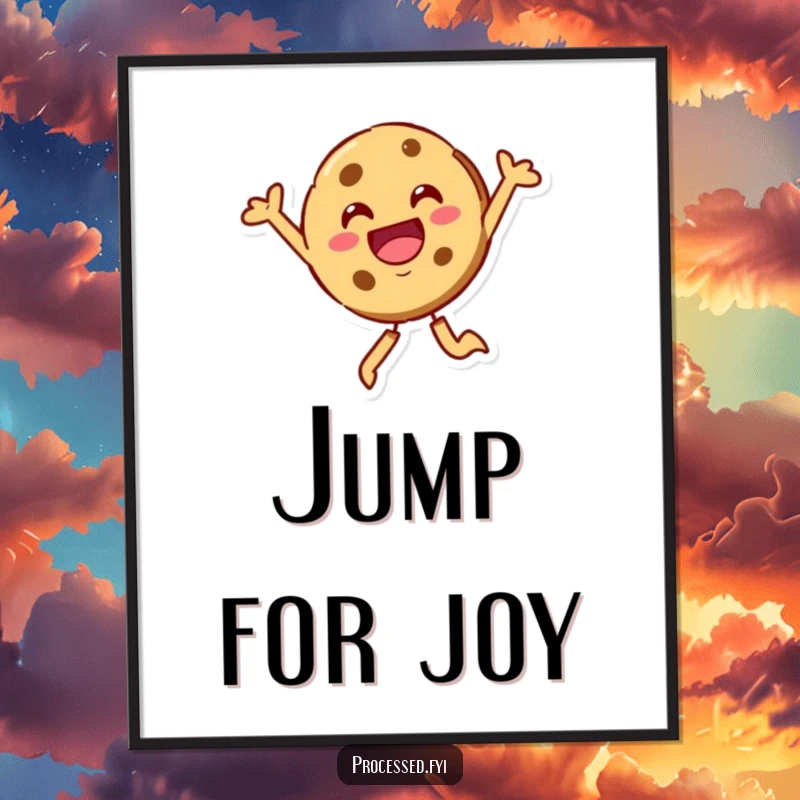 Funny cookie character, beaming and leaping joyfully into the air. A delightful wall art piece.