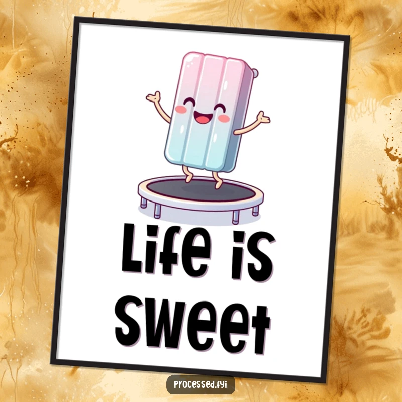 Funny poster of a happy anthropomorphic candy bar joyfully bouncing on a trampoline, bringing vibrant, playful energy to walls.