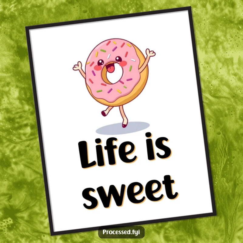 Funny poster featuring a happy donut with sprinkles doing a pirouette, charming wall decor