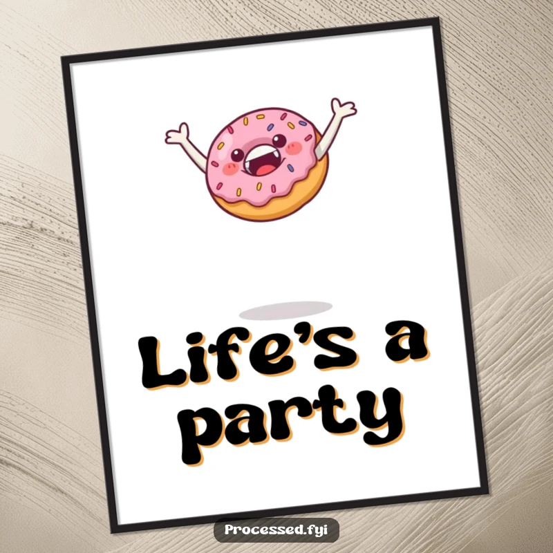 Funny poster print of a jubilant donut with sprinkles leaping high into the air, bringing vibrant energy and sweet humor to any room's decor.