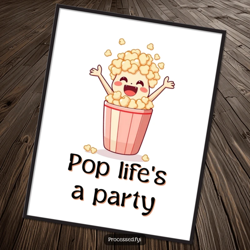 Funny Poster of a happy popcorn bag leaping energetically from its container, capturing the excitement of movie time snacks.