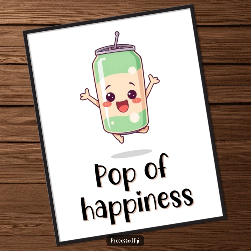 Funny bubbly soda can leaping with excitement, presented as a vibrant and humorous art print for walls.