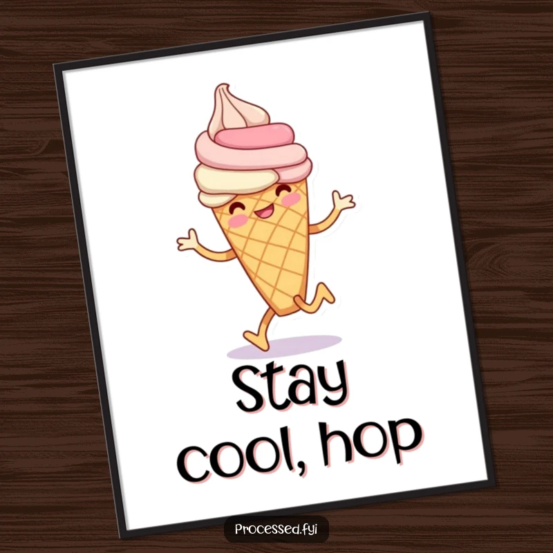 Funny ice cream cone poster featuring a smiling anthropomorphic ice cream cone doing a playful hop, perfect for cheerful decor.