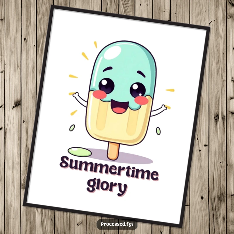 Funny poster print of a proud cartoon popsicle character beaming while melting slightly in the sun.