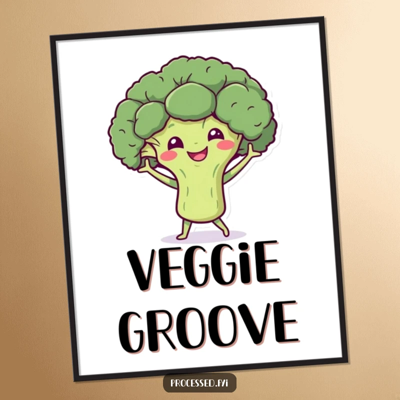 Funny poster print of a smiling broccoli character doing a happy little dance with tiny arms, creating a lively and healthy visual.