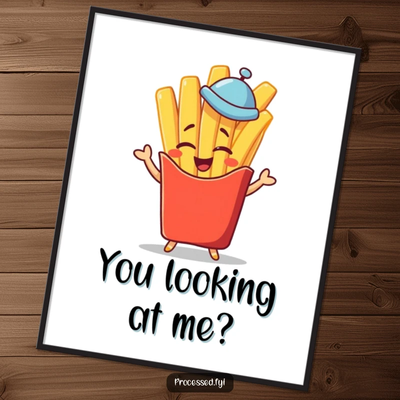 Funny winking french fry character in a tiny hat giving a jaunty salute, a vibrant and funny poster for kitchens.