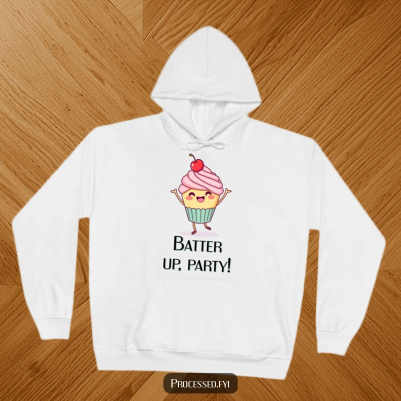 Funny Cupcake Jig Hoodie: A cheerful cupcake with a tiny cherry on top does a celebratory dance, offering cozy cheer.