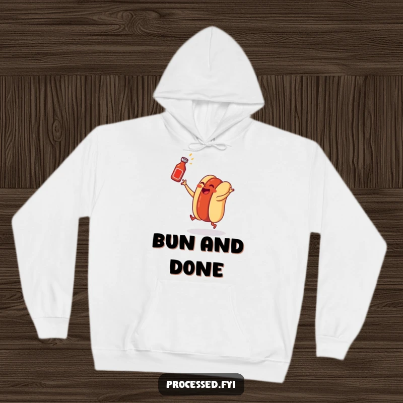 Funny hot dog hoodie print of a dancing wiener in a bun tossing a ketchup bottle, offering comical and cozy warmth.