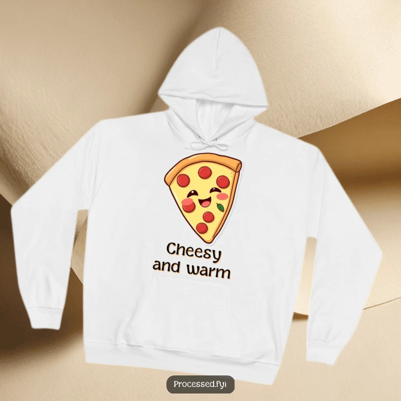 Funny hoodie featuring a joyful pizza slice with pepperoni, winking playfully, soft and warm apparel