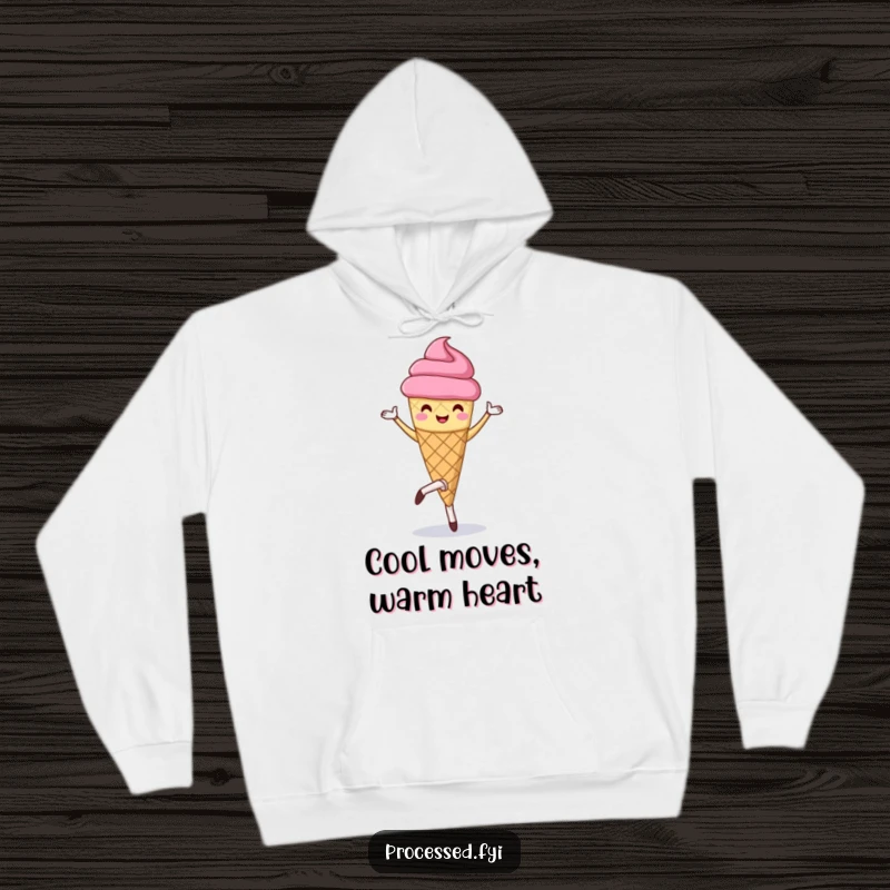 Funny hoodie featuring a happy anthropomorphic ice cream cone performing a pirouette. Offers warmth and whimsical design.