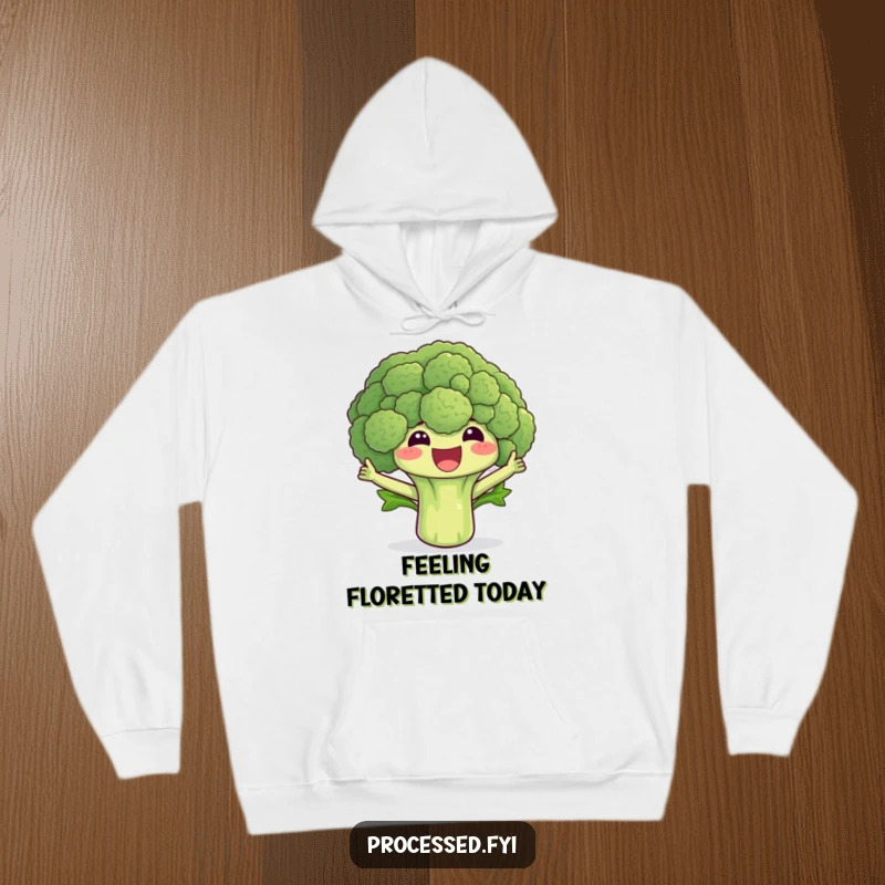 Funny broccoli hoodie print of a happy floret enthusiastically waving its leaves, offering cozy and comical comfort.