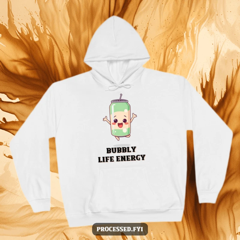Funny bubbly soda can leaping with excitement, featured on a soft and warm hoodie.